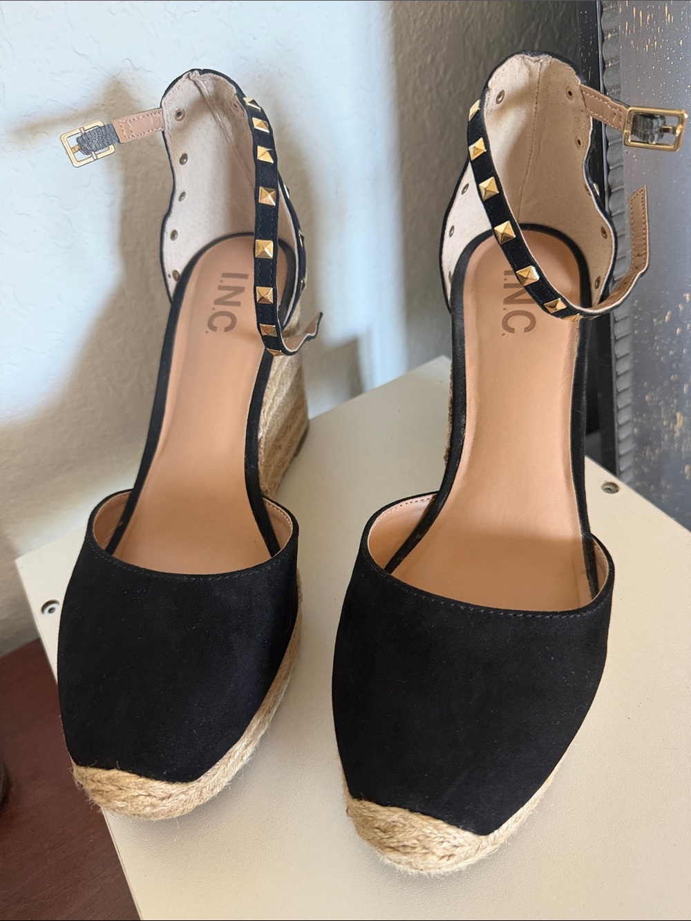 INC International Concepts Black Espadrille Wedge Sandals with Gold Stud Accents